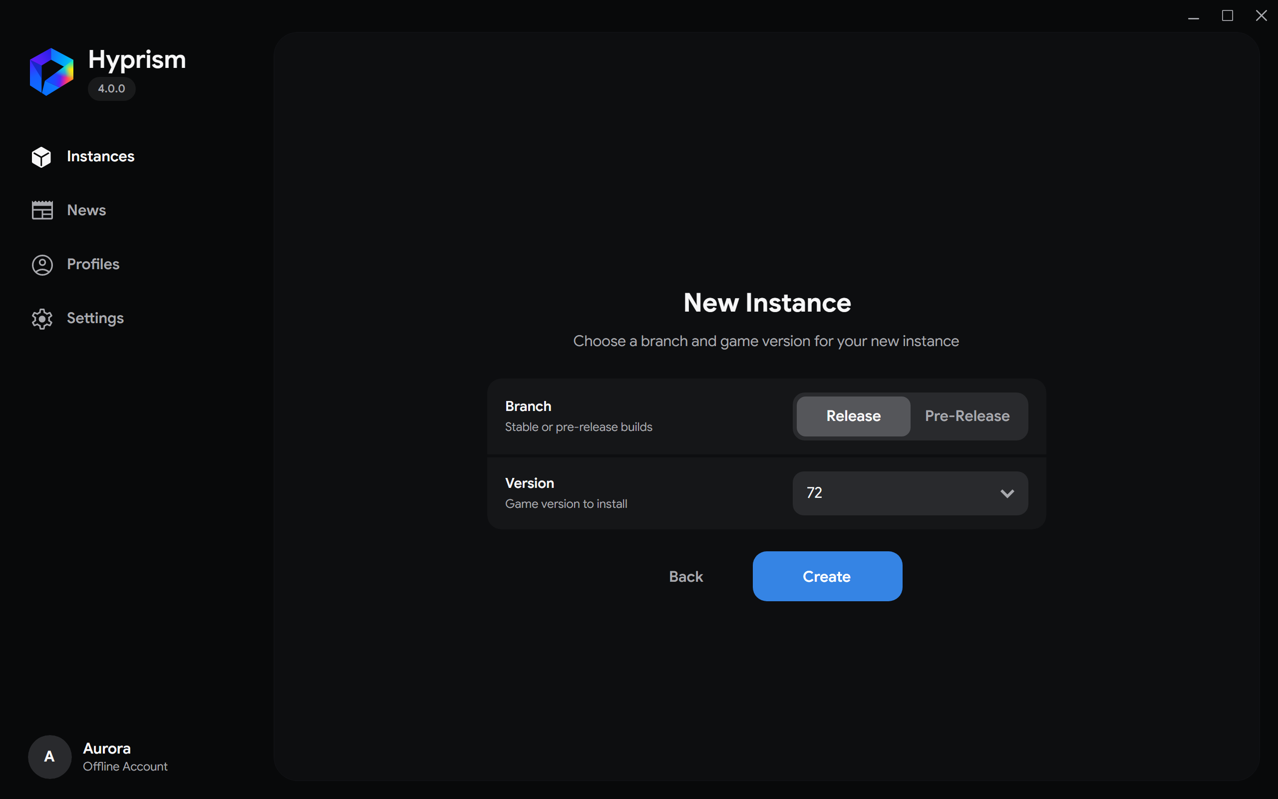 Instance creation wizard with a version selected