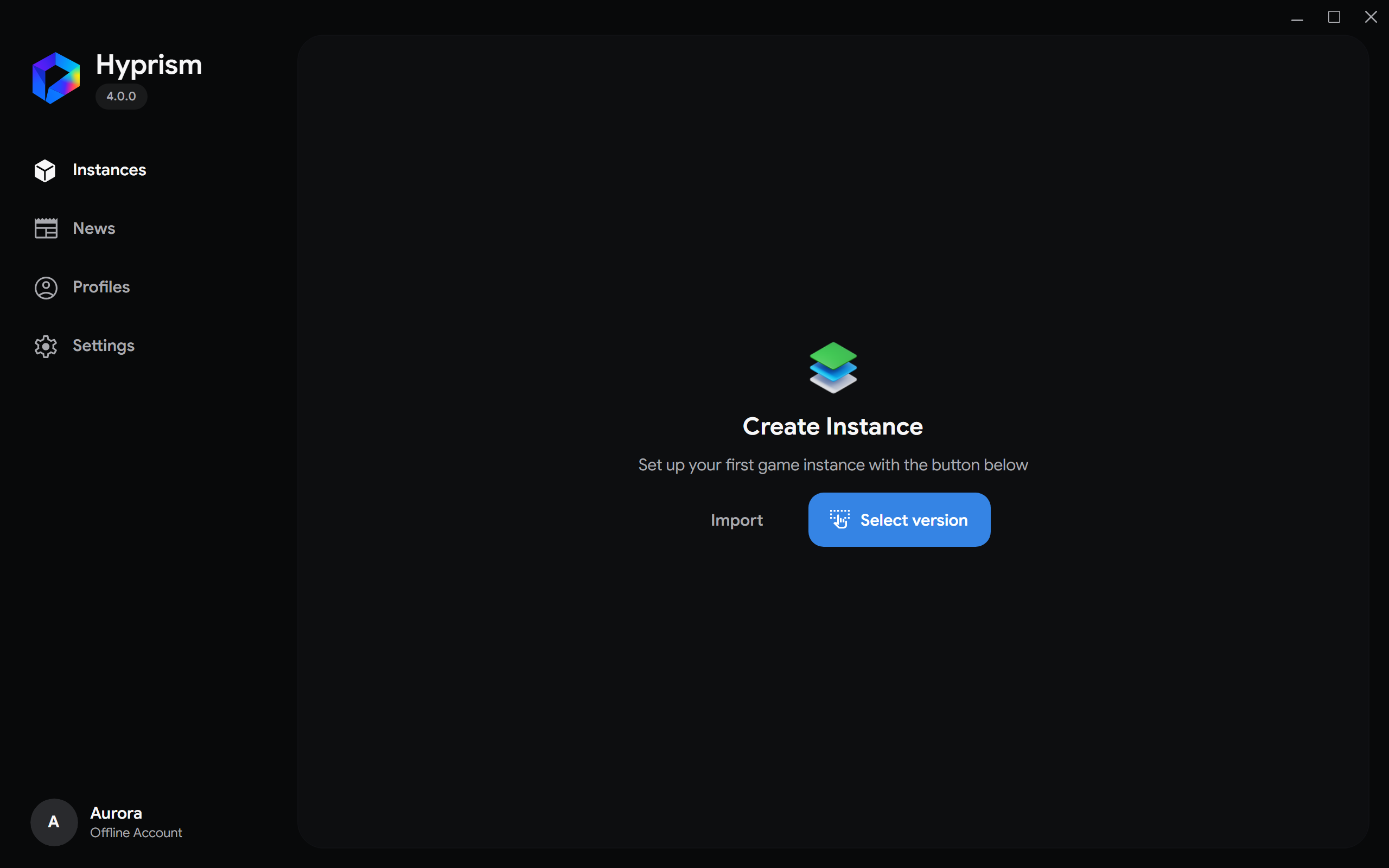 Empty Instances screen with Import and Select version buttons