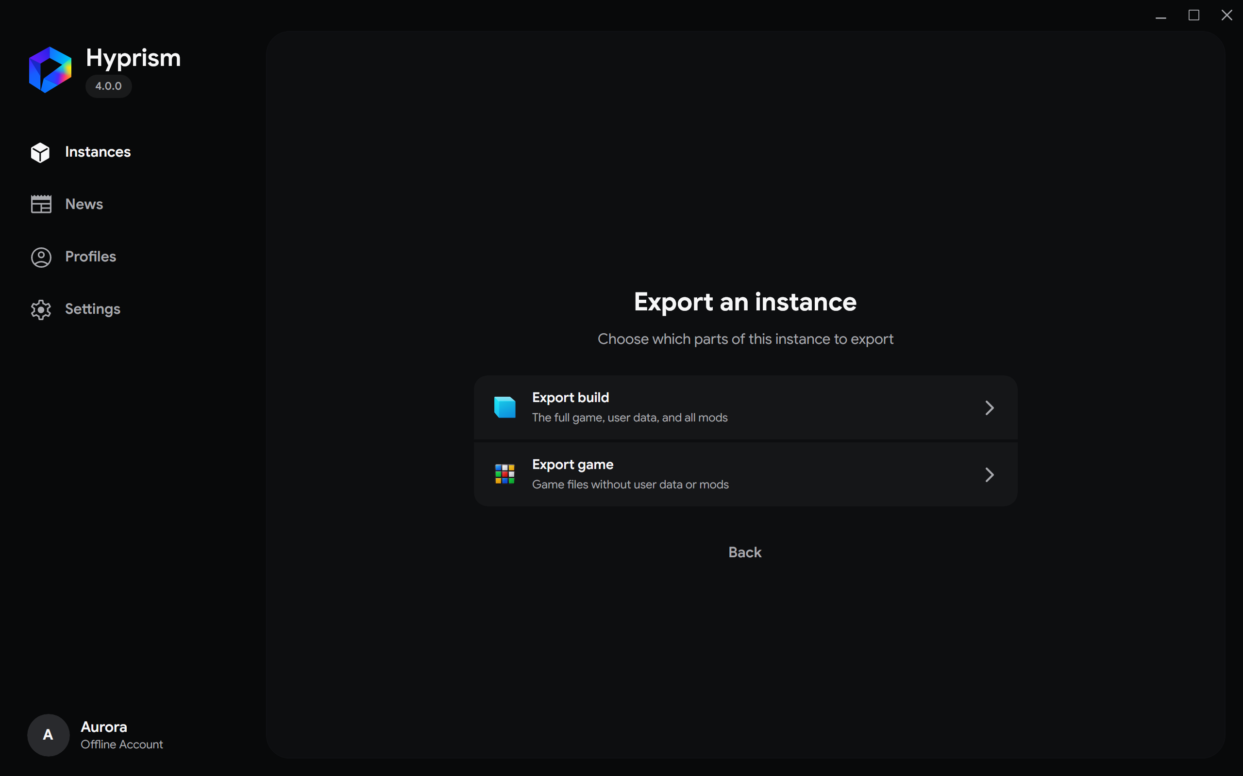 Instance export wizard offering build and game choices when no mods are installed