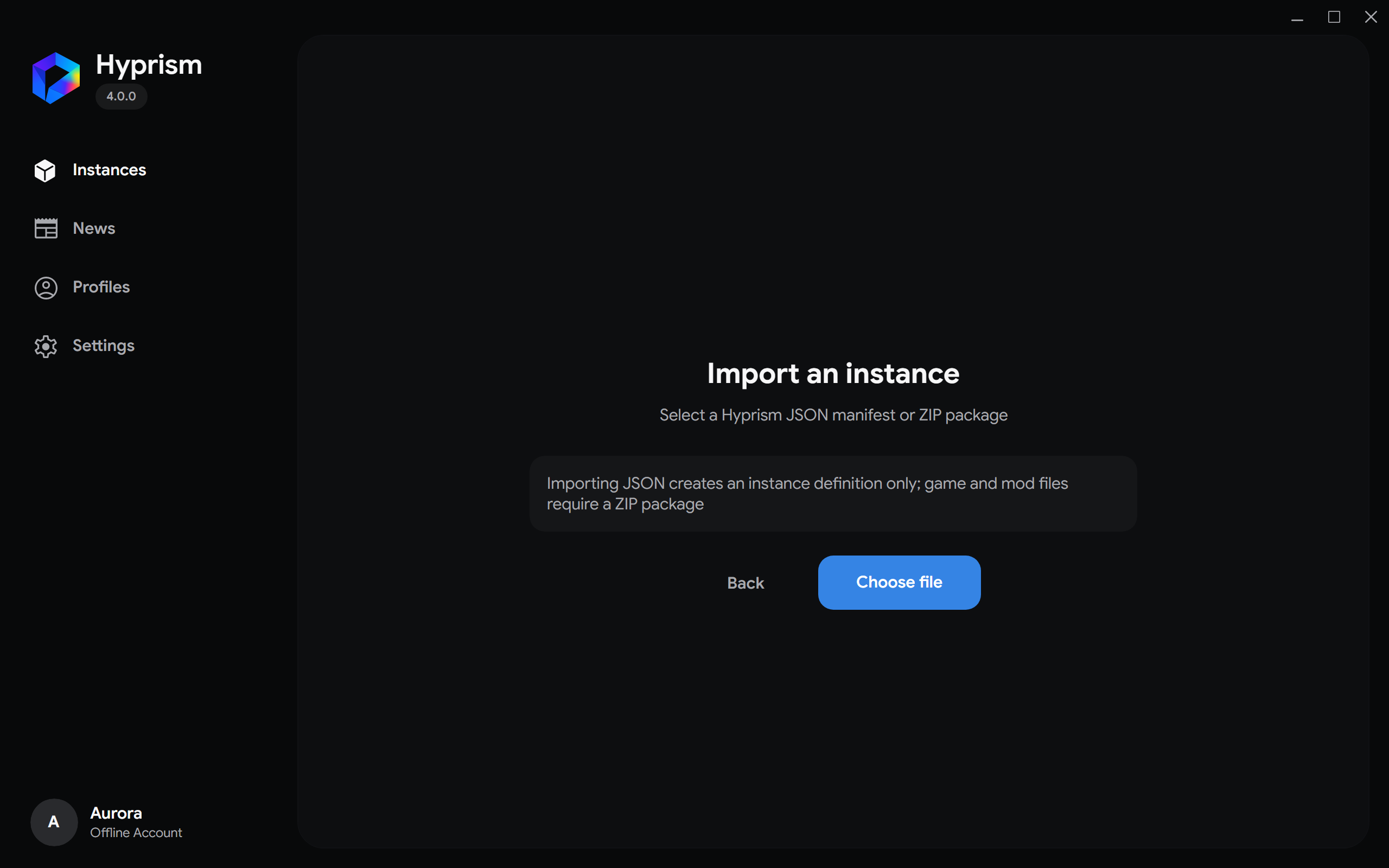 Instance import wizard with the file chooser beside Back