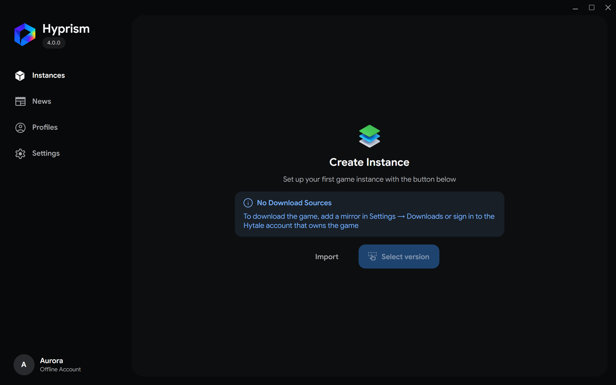 Empty Instances screen showing the download sources note and disabled Select version button