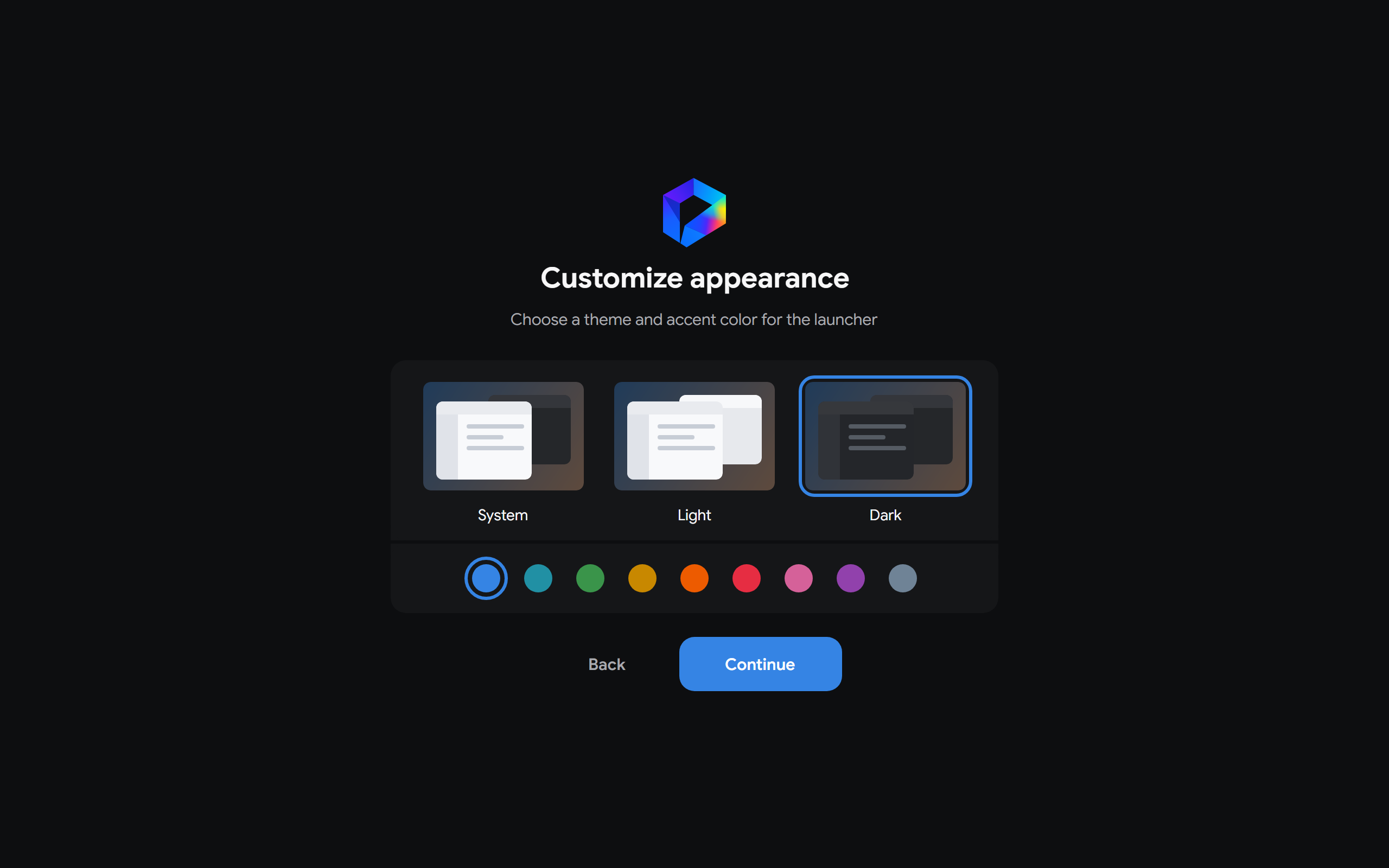 Theme previews and accent colors in the setup wizard