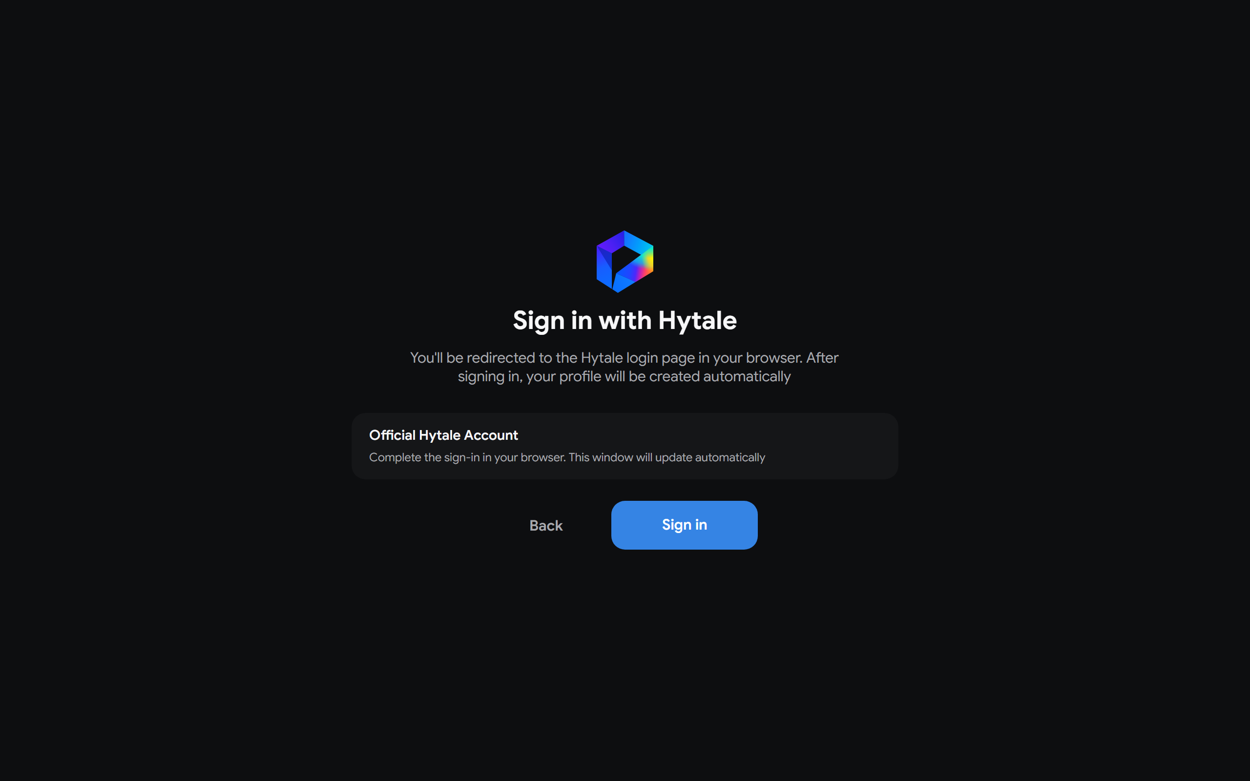 Hytale sign-in step in the setup wizard