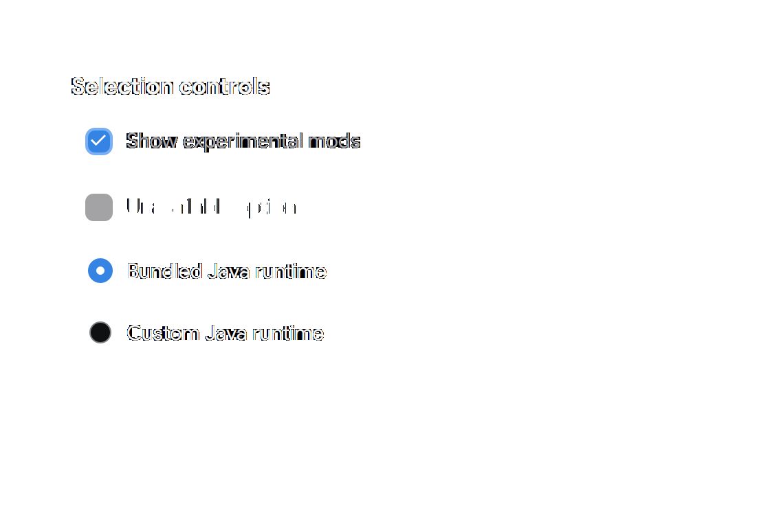 Selected, disabled, and keyboard-focused selection controls