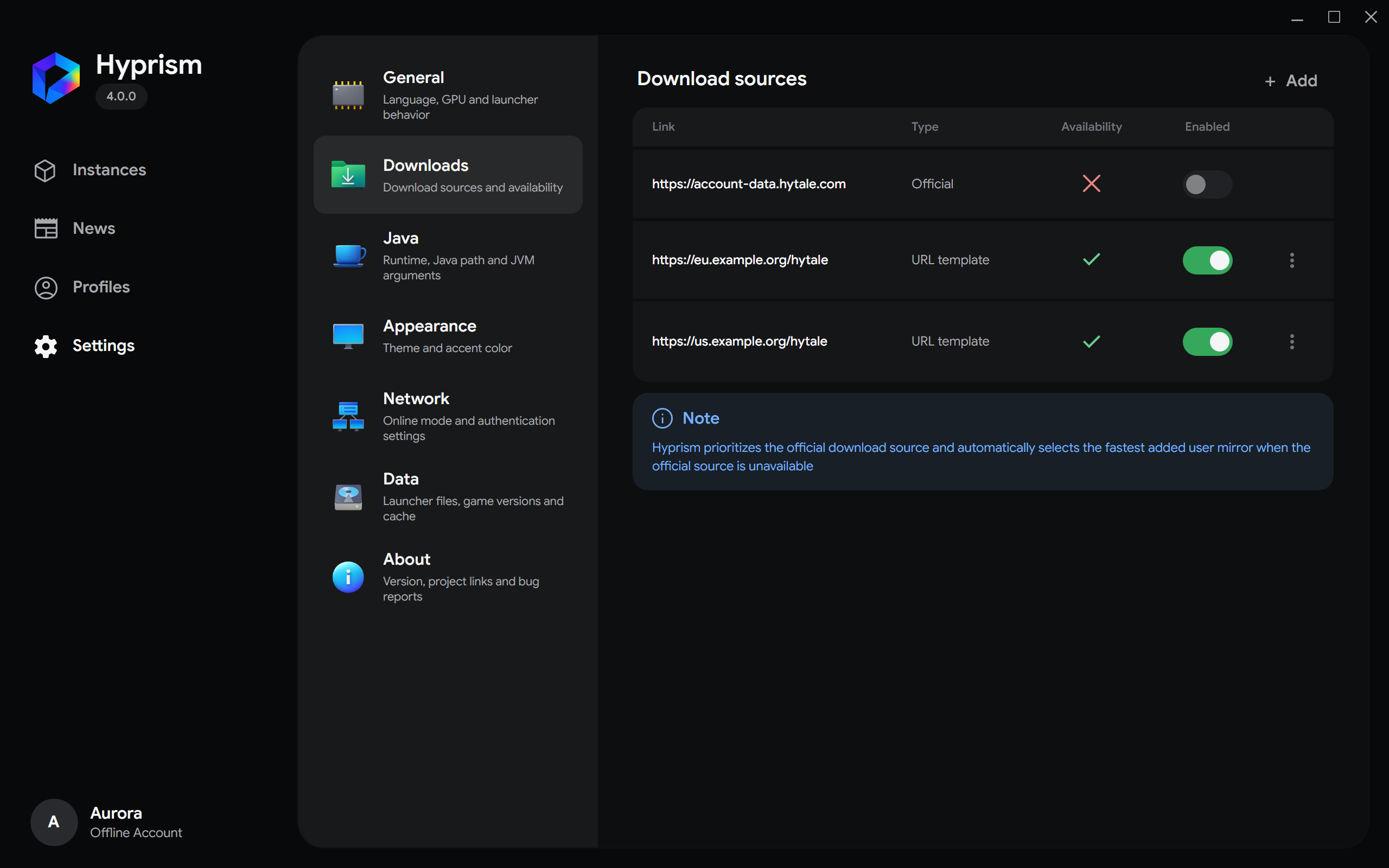 Official and user-added download sources