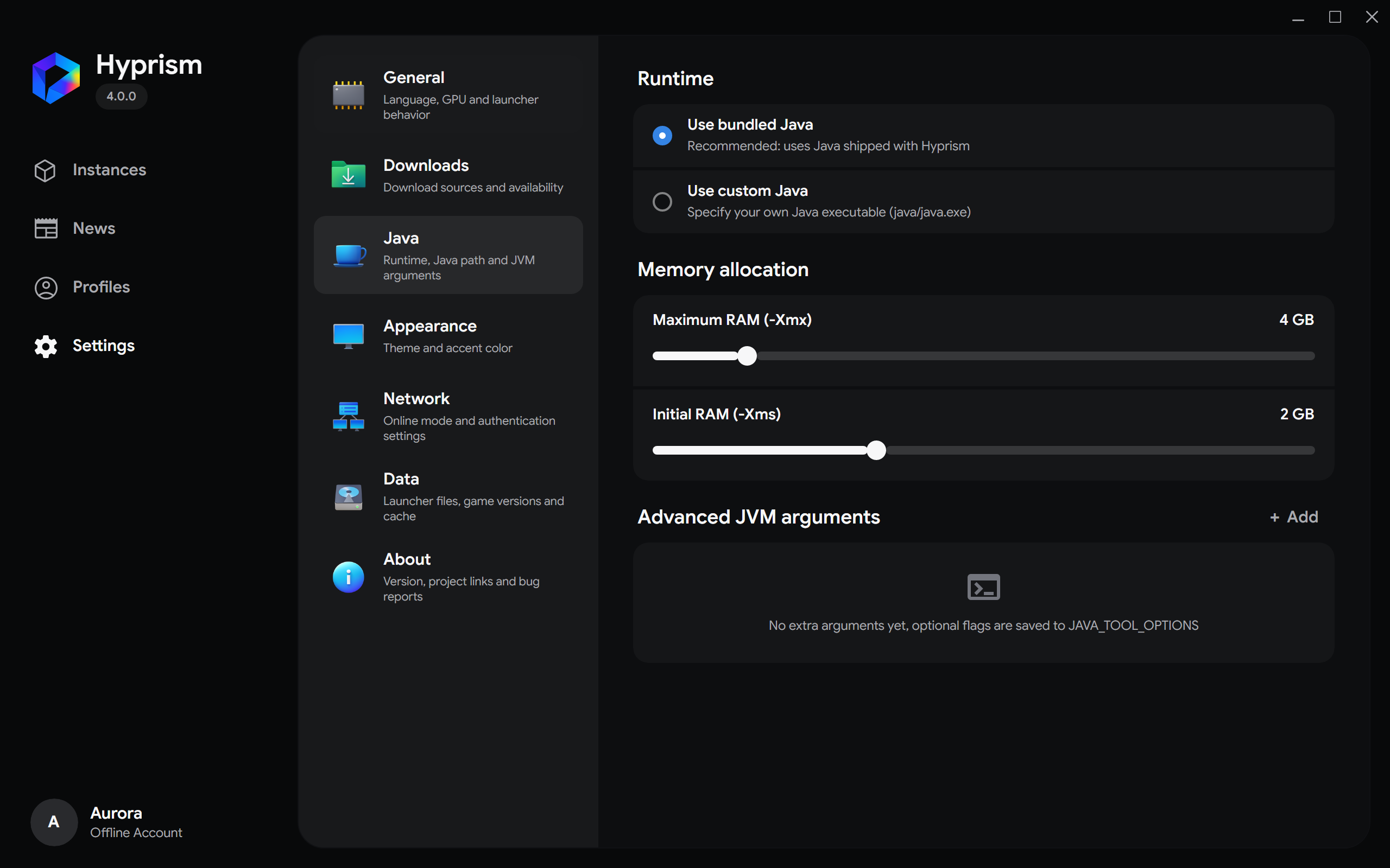 Java settings rows and runtime options
